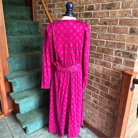 VTG 80s 90s Magenta Hot Pink Long Sleeve Patterned Dress - Picture 5 of 5